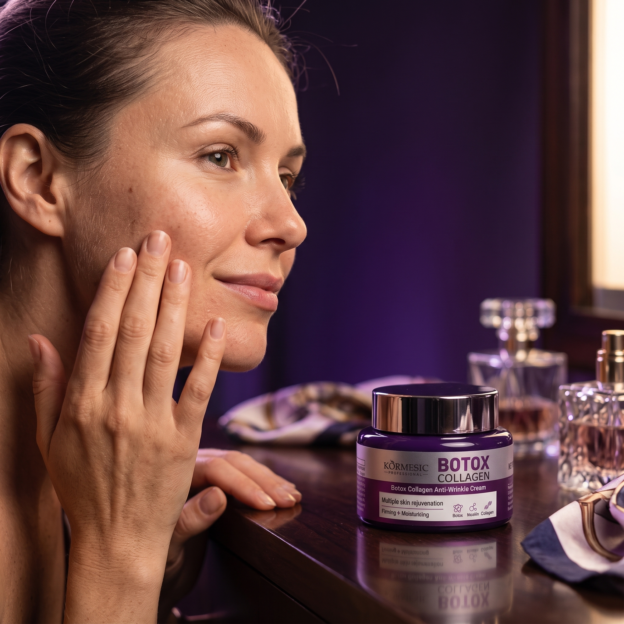 Žena neguje kožu lica, KORMESIC Botox Collagen krema na toaletnom stočiću