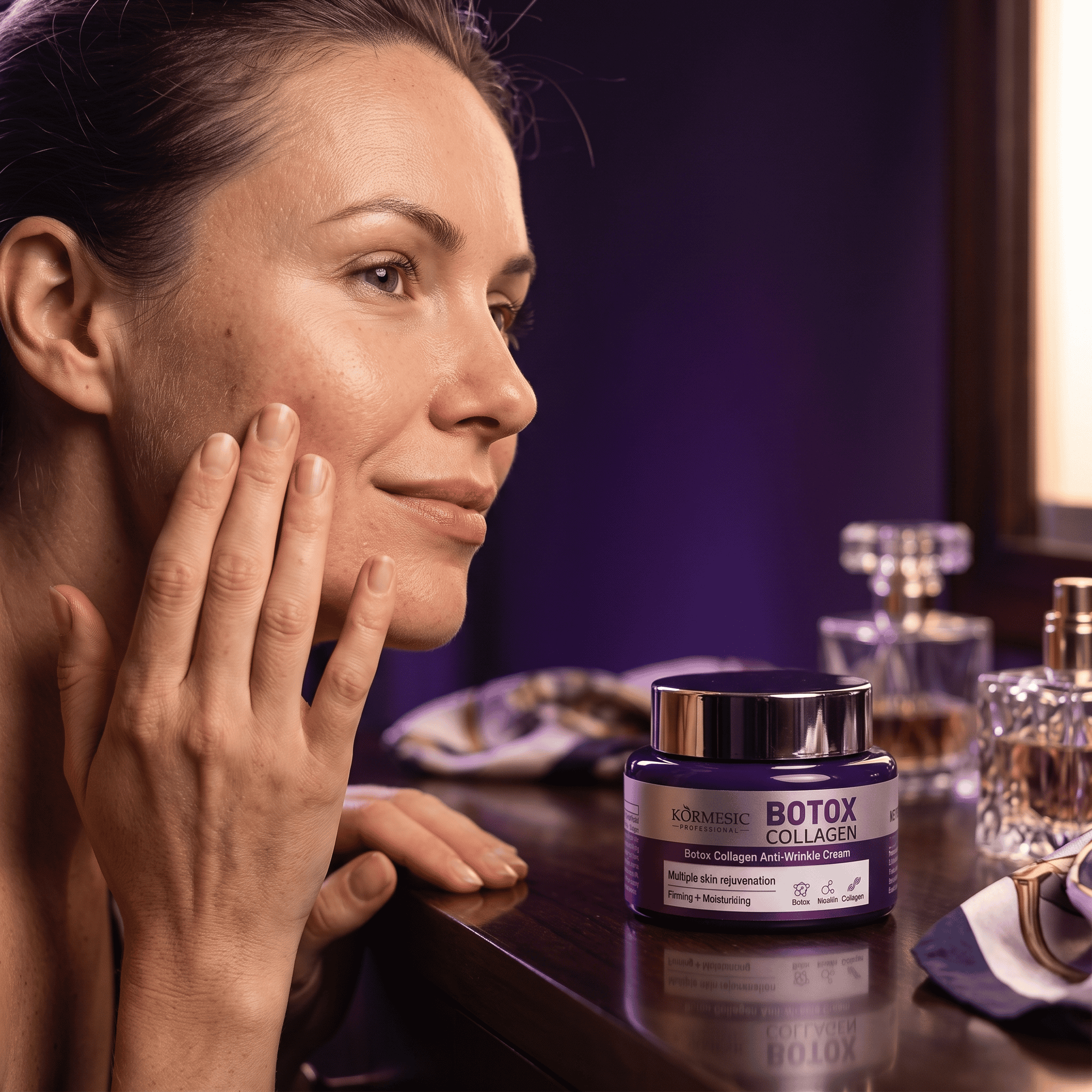 Žena neguje kožu lica, KORMESIC Botox Collagen krema na toaletnom stočiću